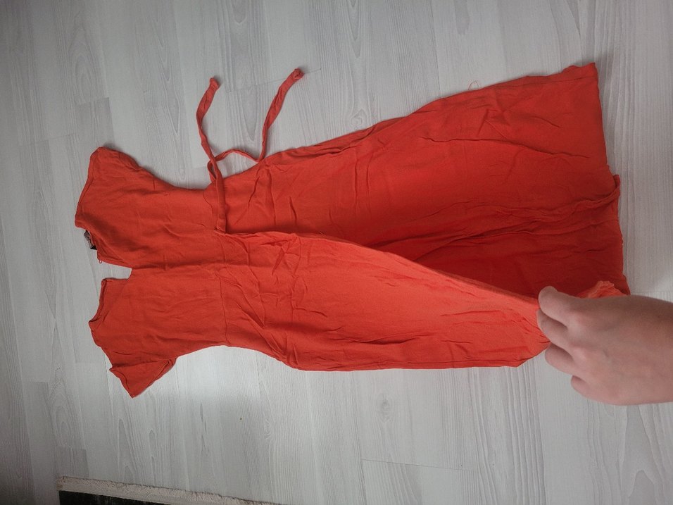 Kırmızı Keten Uzun Drapeli Elbise - Görsel 2