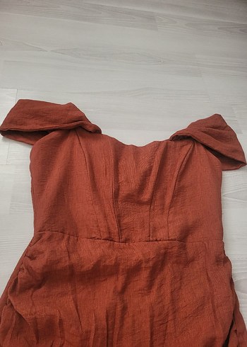 Kahverengi Keten Midi Bohem Elbise - Görsel 3