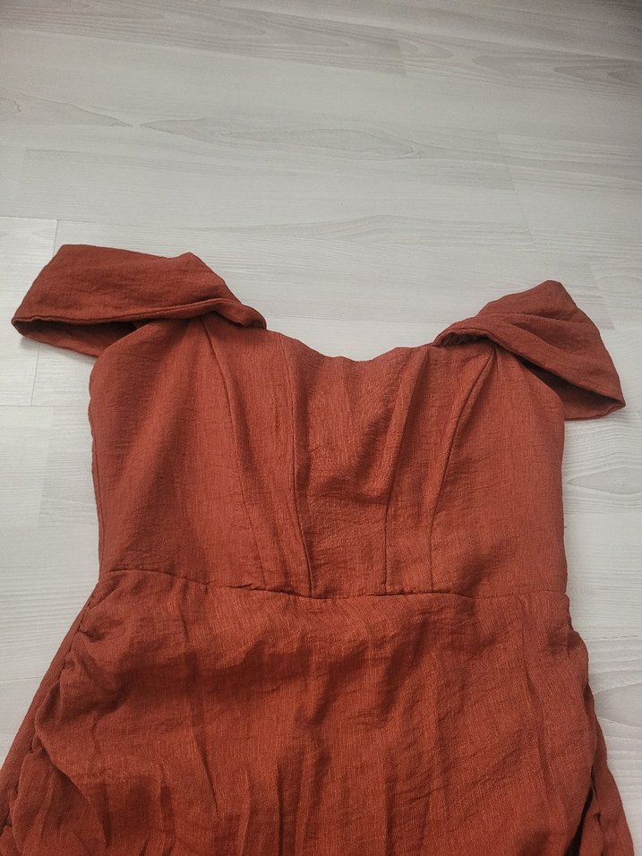 Kahverengi Keten Midi Bohem Elbise - Görsel 3