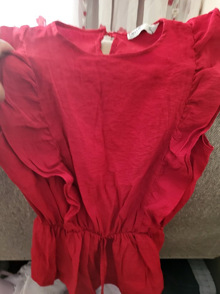 Kız Çocuk Kırmızı Keten V Yaka Bluz - Görsel 3