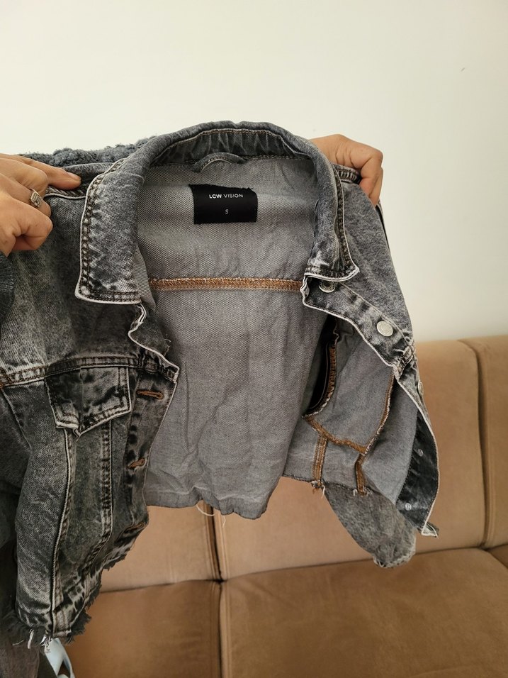 Düğmeli Gri Kadın Denim Ceket - Görsel 3