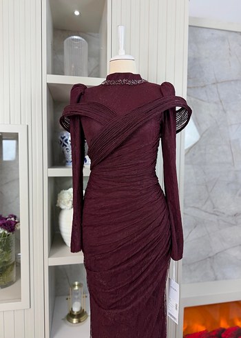 Bordo Drapeli Uzun Abiye Elbise - Görsel 2