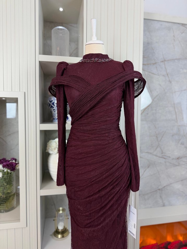 Bordo Drapeli Uzun Abiye Elbise - Görsel 2
