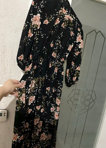 Çiçek Desenli Siyah Bohem Kadın Uzun Elbise - Görsel 2