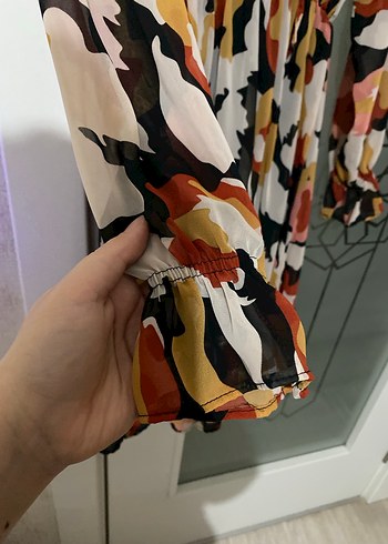 Bohem Midi Elbise, Uzun Kollu, V Yaka, Fırfırlı - Görsel 2