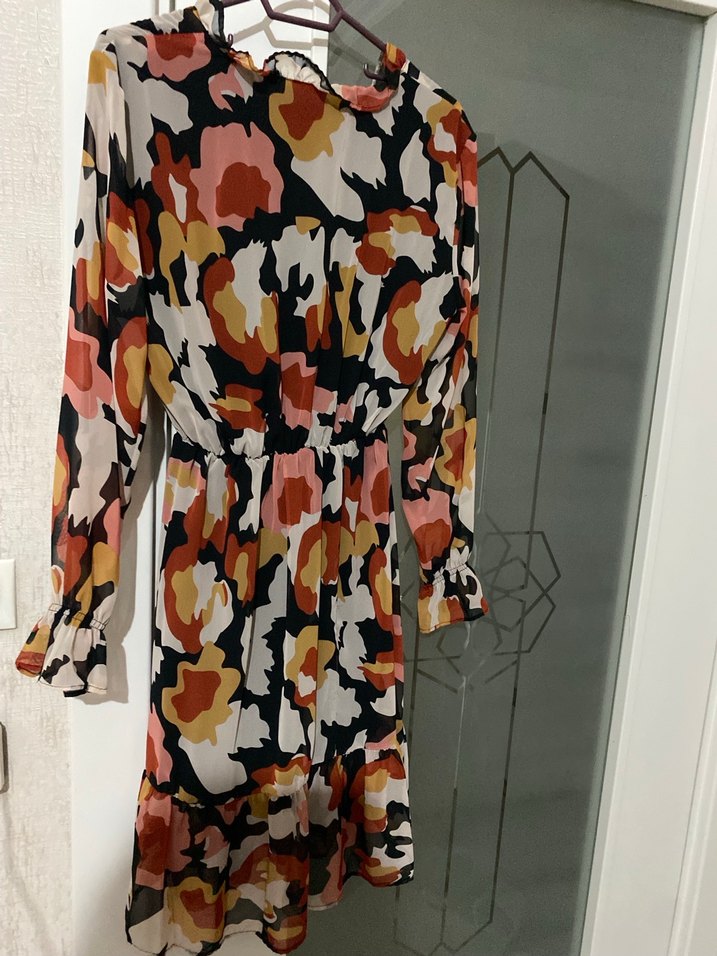 Bohem Midi Elbise, Uzun Kollu, V Yaka, Fırfırlı - Görsel 4