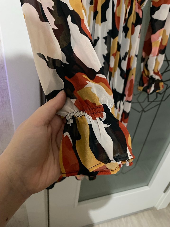 Bohem Midi Elbise, Uzun Kollu, V Yaka, Fırfırlı - Görsel 2