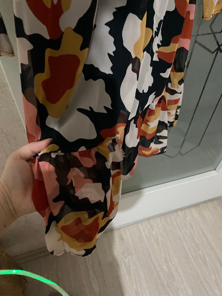 Bohem Midi Elbise, Uzun Kollu, V Yaka, Fırfırlı - Görsel 5