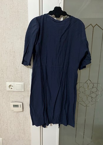 Düğmeli Mavi Keten Midi Elbise - Görsel 4