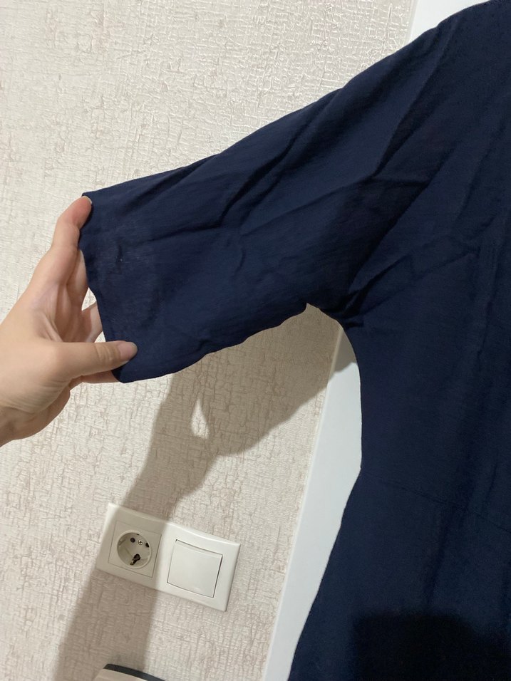 Düğmeli Mavi Keten Midi Elbise - Görsel 2