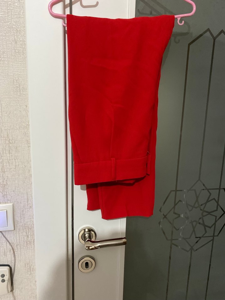 Kadın Kırmızı Midi Saten Pantolon - Görsel 3