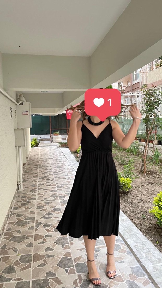 Siyah Pilili Midi Uzun Elbise - Görsel 4