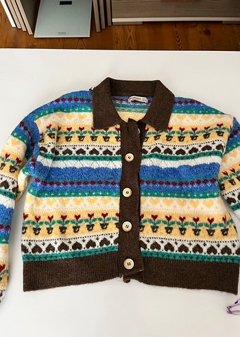 Renkli Örgü Desenli Hırka - Görsel 5