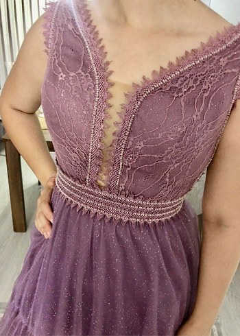 Dantel Detaylı Uzun Mor V Yakalı Abiye - Görsel 7