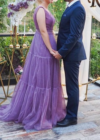 Dantel Detaylı Uzun Mor V Yakalı Abiye - Görsel 2