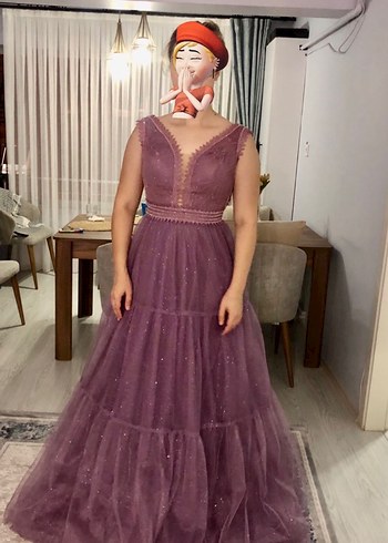 Dantel Detaylı Uzun Mor V Yakalı Abiye - Görsel 8