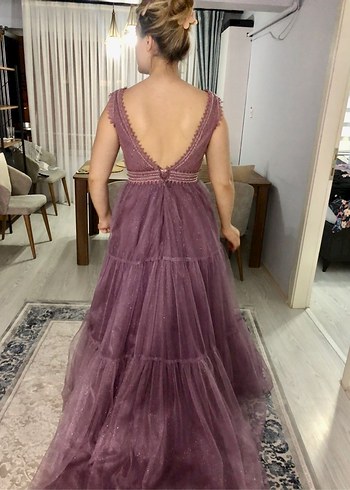 Dantel Detaylı Uzun Mor V Yakalı Abiye - Görsel 6