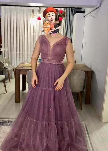 Dantel Detaylı Uzun Mor V Yakalı Abiye - Görsel 9