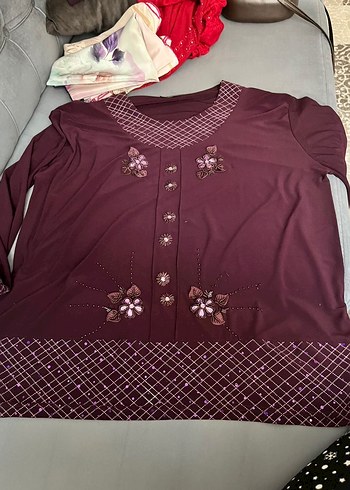 Boncuk İşlemeli Bordo Kadın penye - Görsel 2