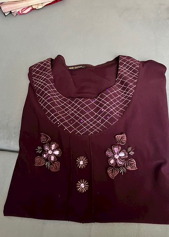 Boncuk İşlemeli Bordo Kadın penye - Görsel 3