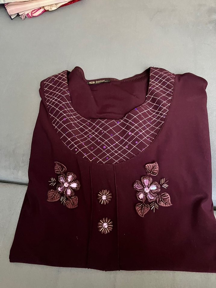 Boncuk İşlemeli Bordo Kadın penye - Görsel 3