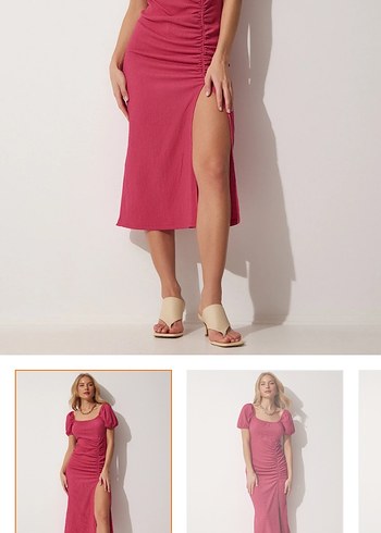 Pembe Straplez Midi Kadın Elbise - Görsel 3