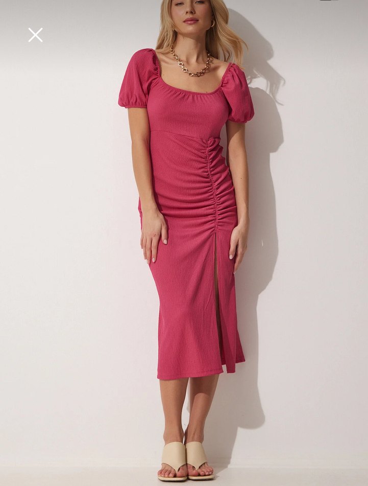 Pembe Straplez Midi Kadın Elbise - Görsel 2