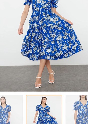 Mavi Çiçek Desenli Bohem Midi Elbise - Görsel 3