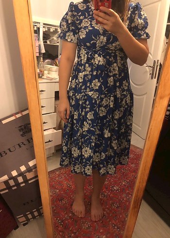 Mavi Çiçek Desenli Bohem Midi Elbise - Görsel 2