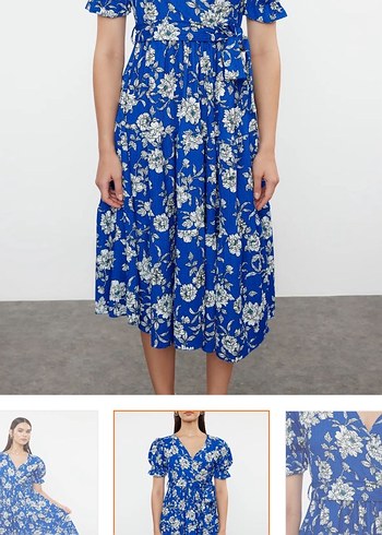 Mavi Çiçek Desenli Bohem Midi Elbise - Görsel 4