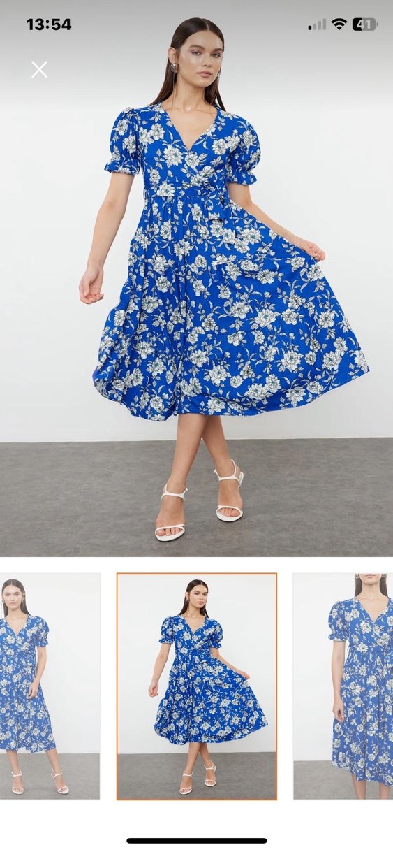 Mavi Çiçek Desenli Bohem Midi Elbise - Görsel 3