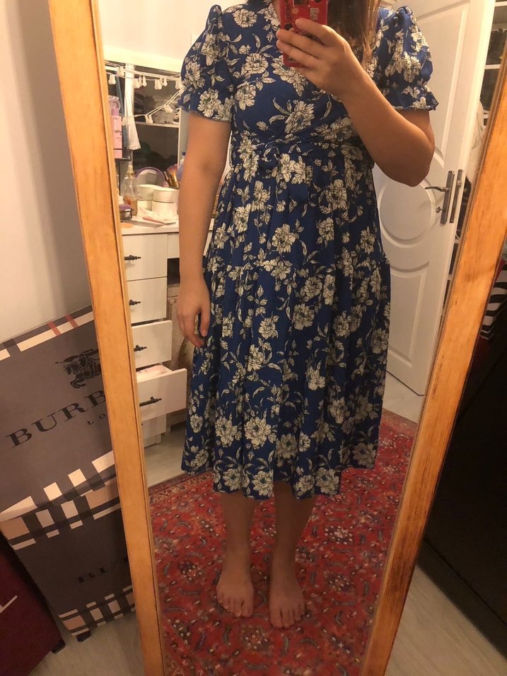 Mavi Çiçek Desenli Bohem Midi Elbise - Görsel 2