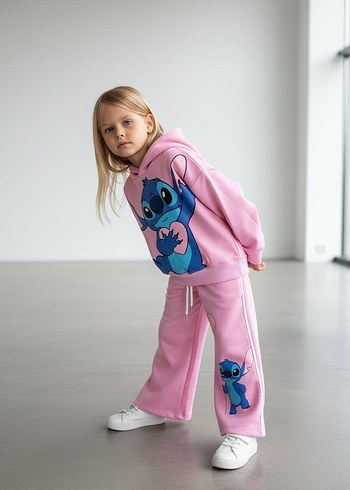 Pembe Nakışlı Kız Çocuk Sweatshirt ve Eşofman Takımı - Görsel 2