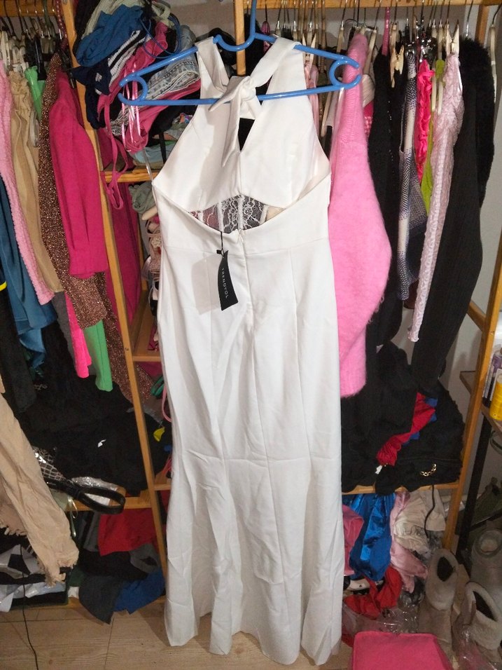 Beyaz Boyundan Baglamali Uzun Kadın Elbise - Görsel 4