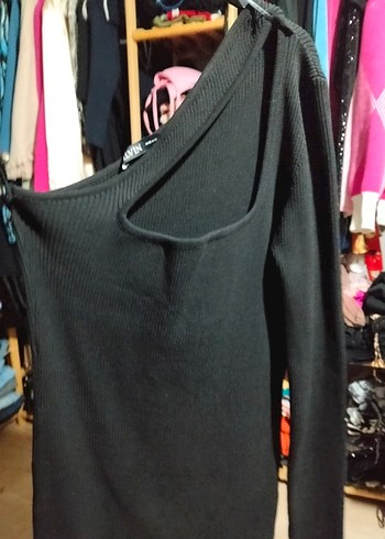 Siyah V Yakalı Drapeli Triko Elbise - Görsel 2