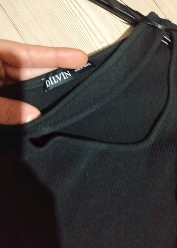 Siyah V Yakalı Drapeli Triko Elbise - Görsel 4