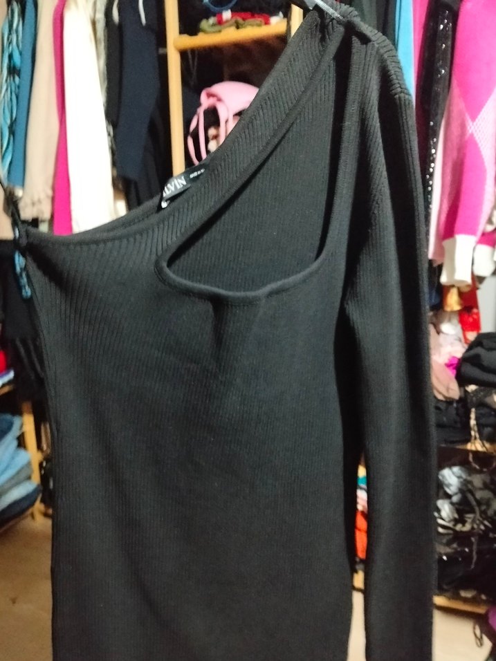 Siyah V Yakalı Drapeli Triko Elbise - Görsel 2