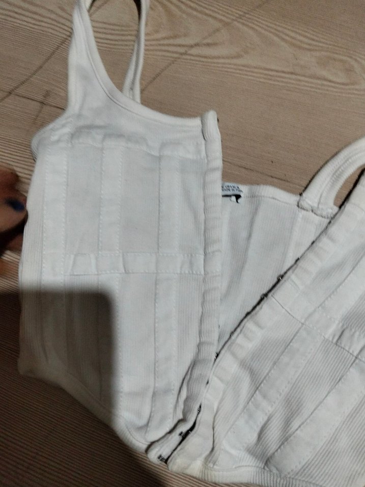 Beyaz Keten Fermuarlı Strappy Bustier - Görsel 2