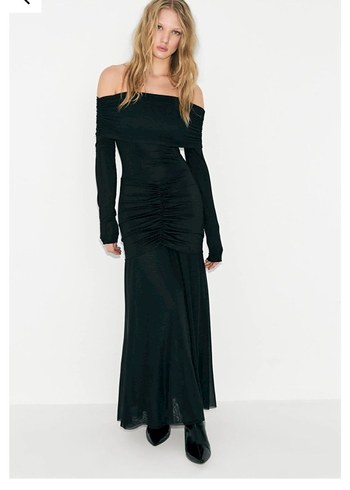 Uzun Kollu Drapeli Siyah Gotik Abiye Elbise - Görsel 3