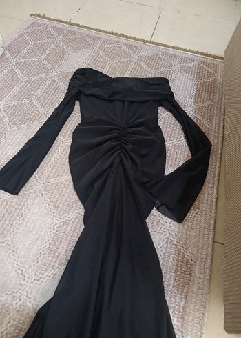 Uzun Kollu Drapeli Siyah Gotik Abiye Elbise - Görsel 2