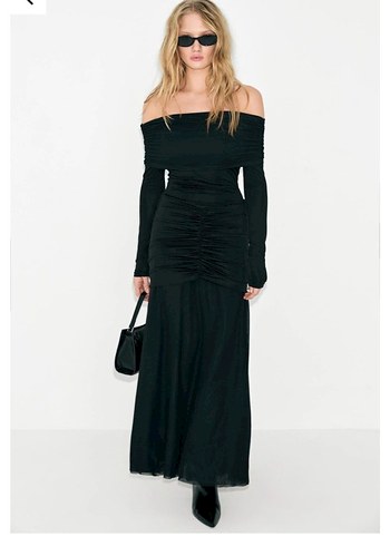 Uzun Kollu Drapeli Siyah Gotik Abiye Elbise - Görsel 4