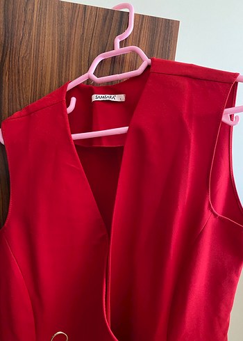 Düğmeli Kırmızı Midi Kadın Yelek - Görsel 2