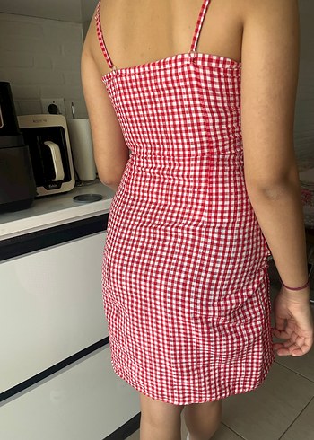 Kırmızı Kareli V Yaka Midi Elbise - Görsel 2