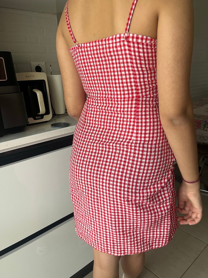 Kırmızı Kareli V Yaka Midi Elbise - Görsel 2