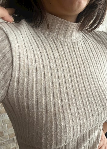 Bej Fitilli Triko Uzun Kollu Elbise - Görsel 4