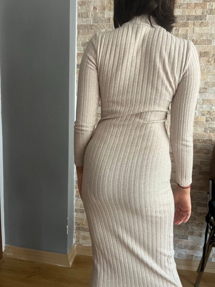 Bej Fitilli Triko Uzun Kollu Elbise - Görsel 2
