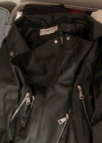 Siyah Deri Biker Ceket Fermuarlı - Görsel 3