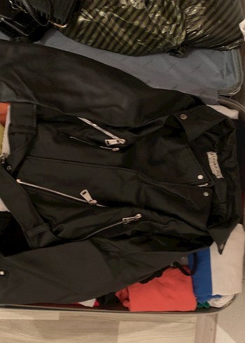 Siyah Deri Biker Ceket Fermuarlı - Görsel 2