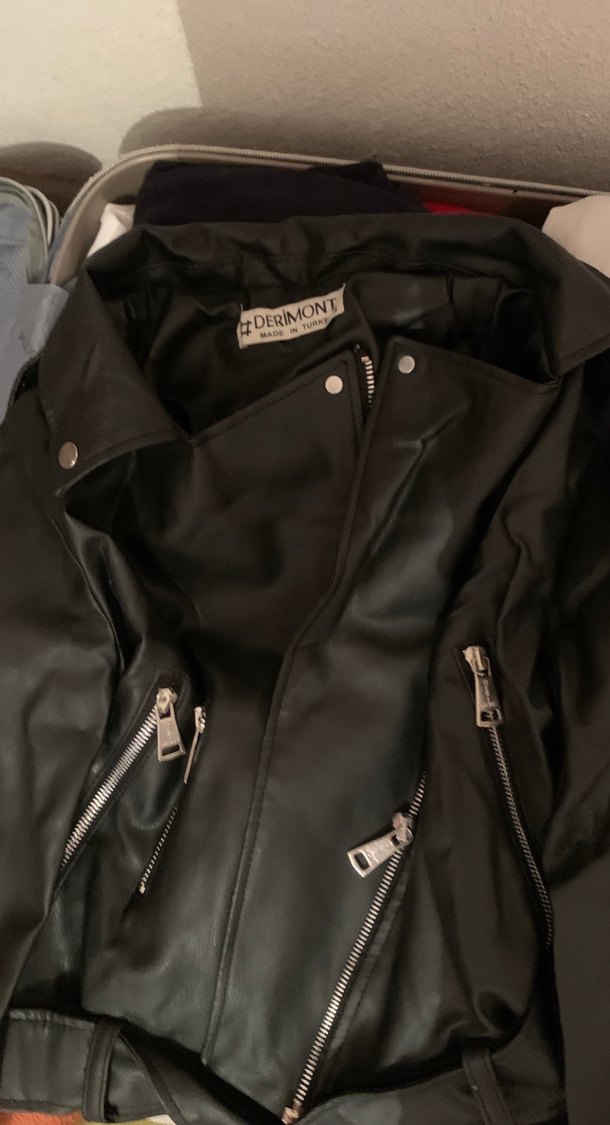 Siyah Deri Biker Ceket Fermuarlı - Görsel 3