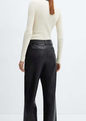 Kadın Siyah  Deri Rahat Kesim Pantolon - Görsel 2